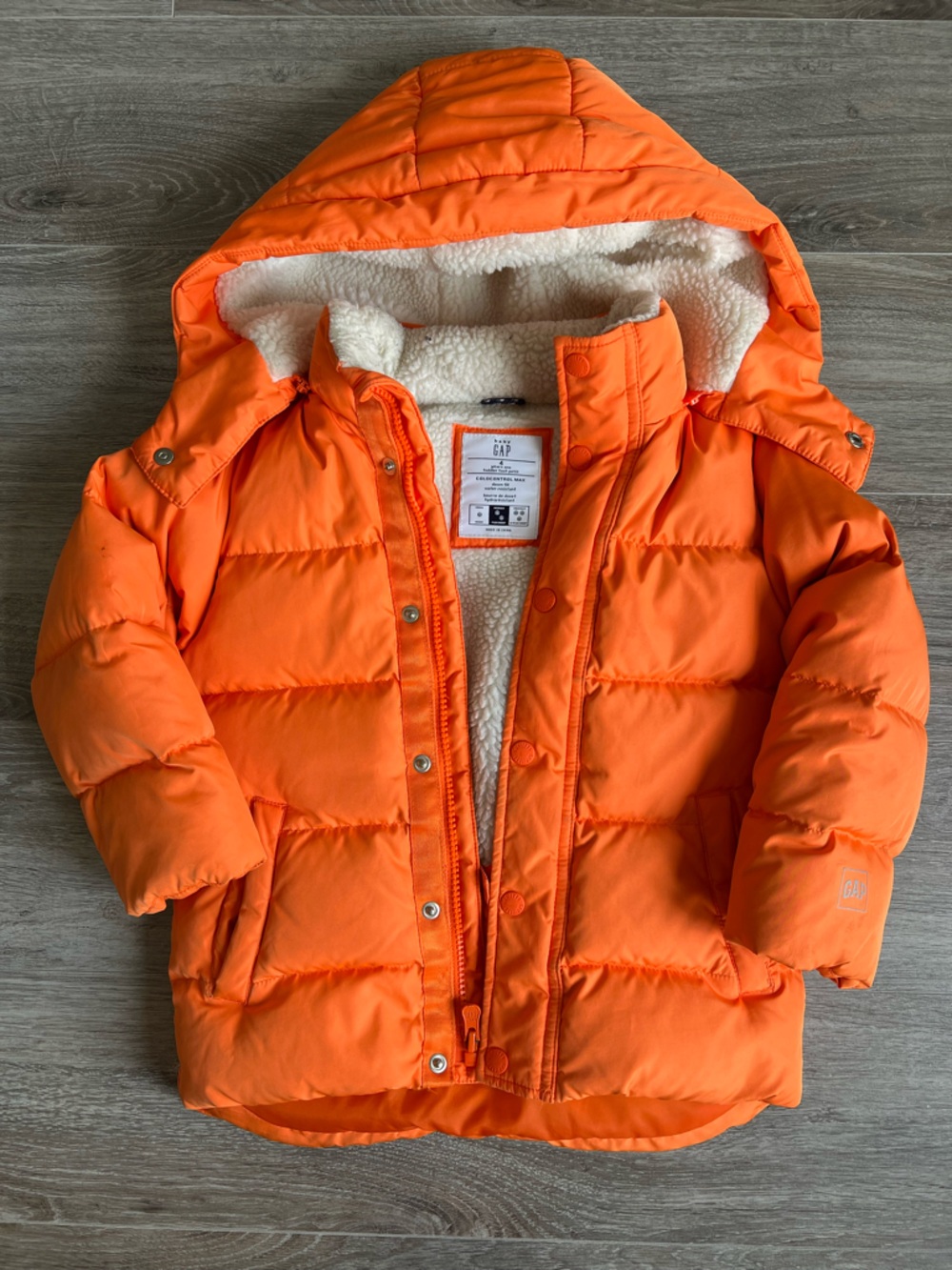 GAP Bright Orange Kids Puffer Jacket with Sherpa Lining